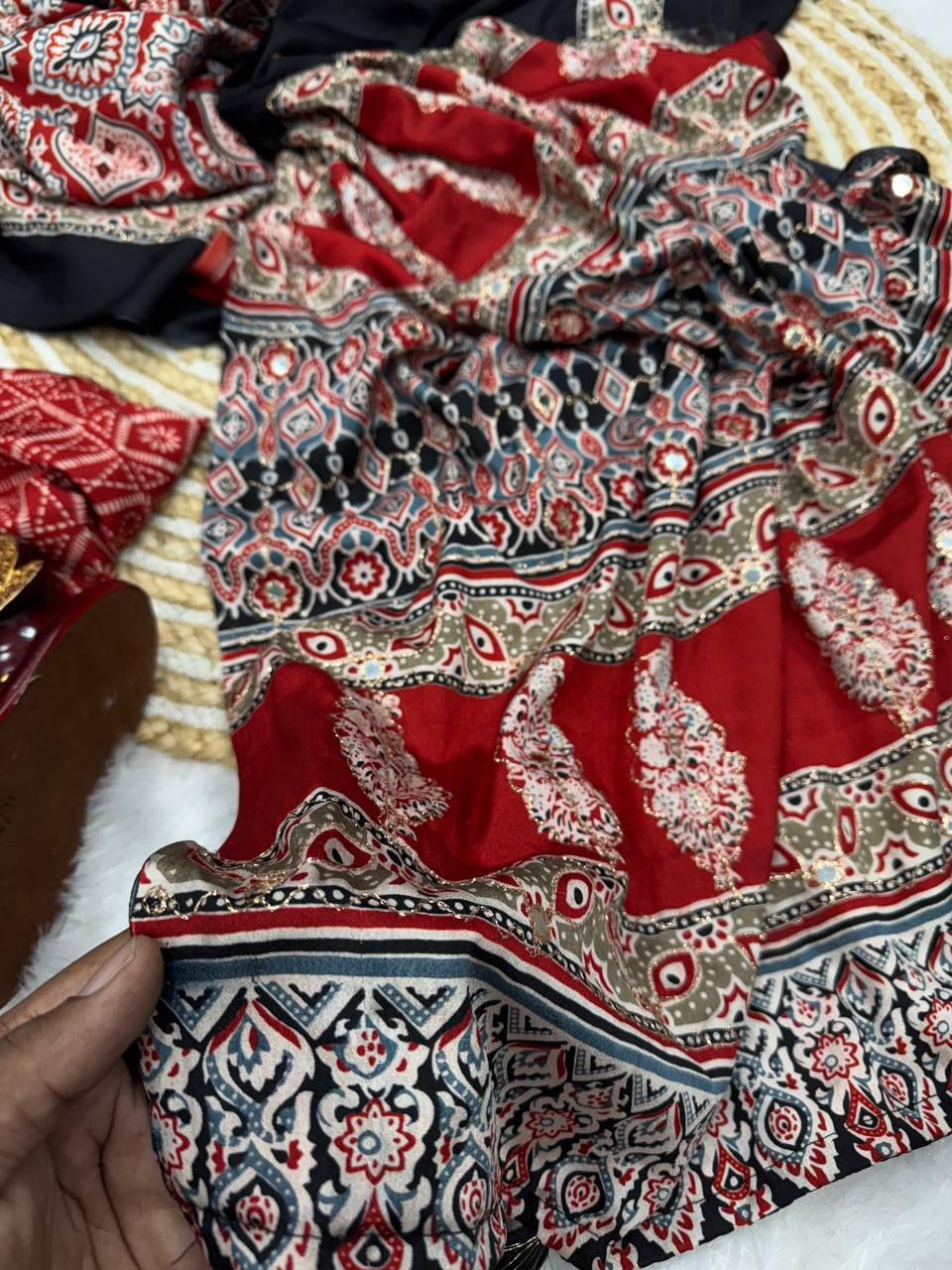 Black & Maroon Ajrakh Print Saree with Contrast Pallu and Tassel Border