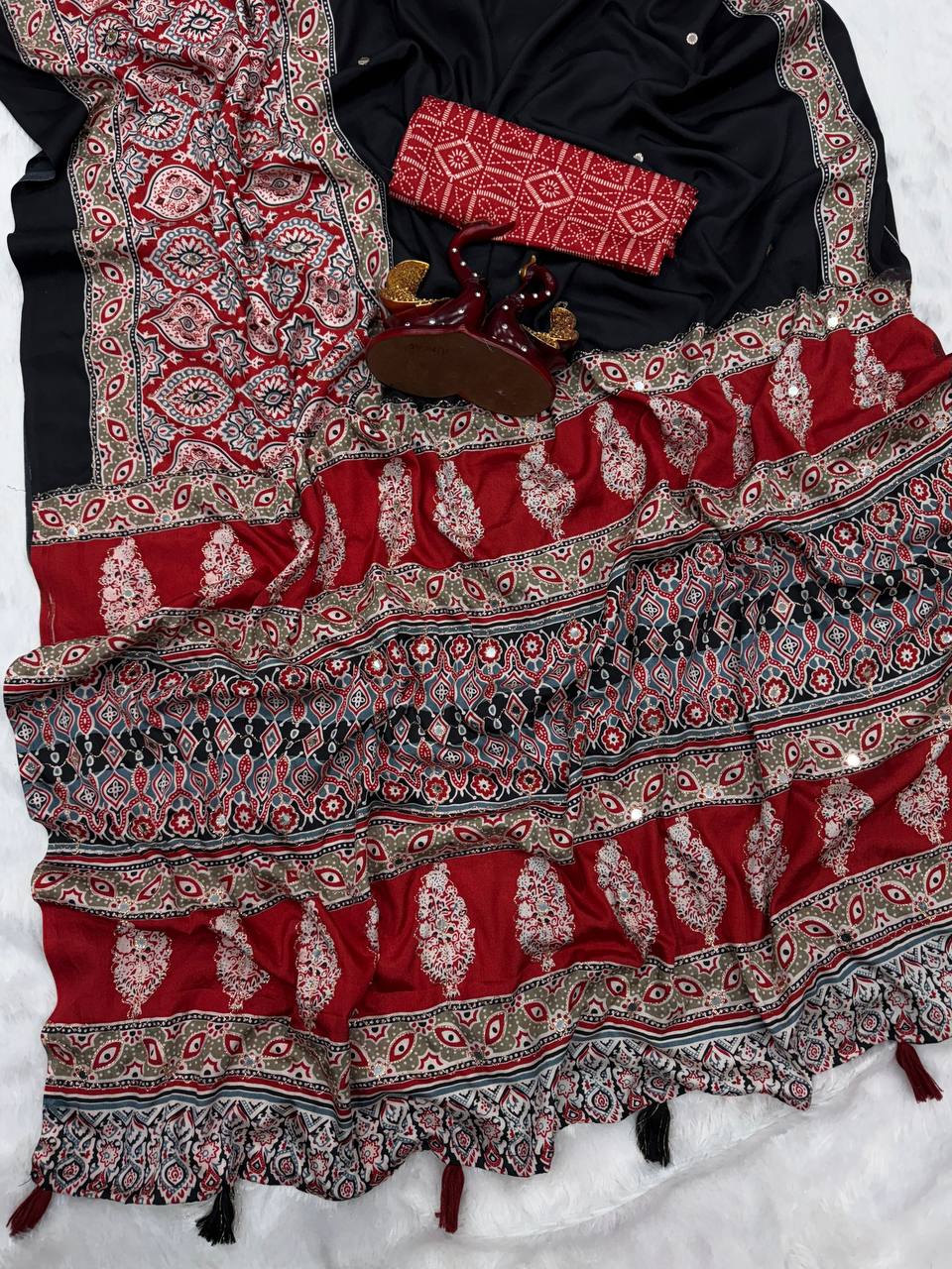 Black & Maroon Ajrakh Print Saree with Contrast Pallu and Tassel Border