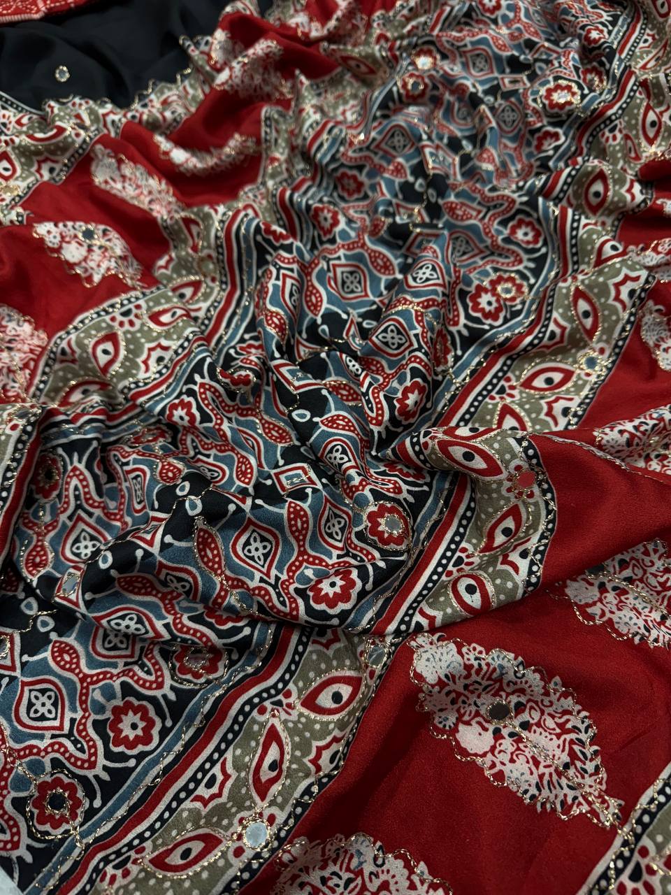 Black & Maroon Ajrakh Print Saree with Contrast Pallu and Tassel Border