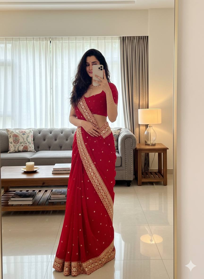 Royal Maroon Georgette Saree with Heavy Gold Sequin & Zari Embroidered Border