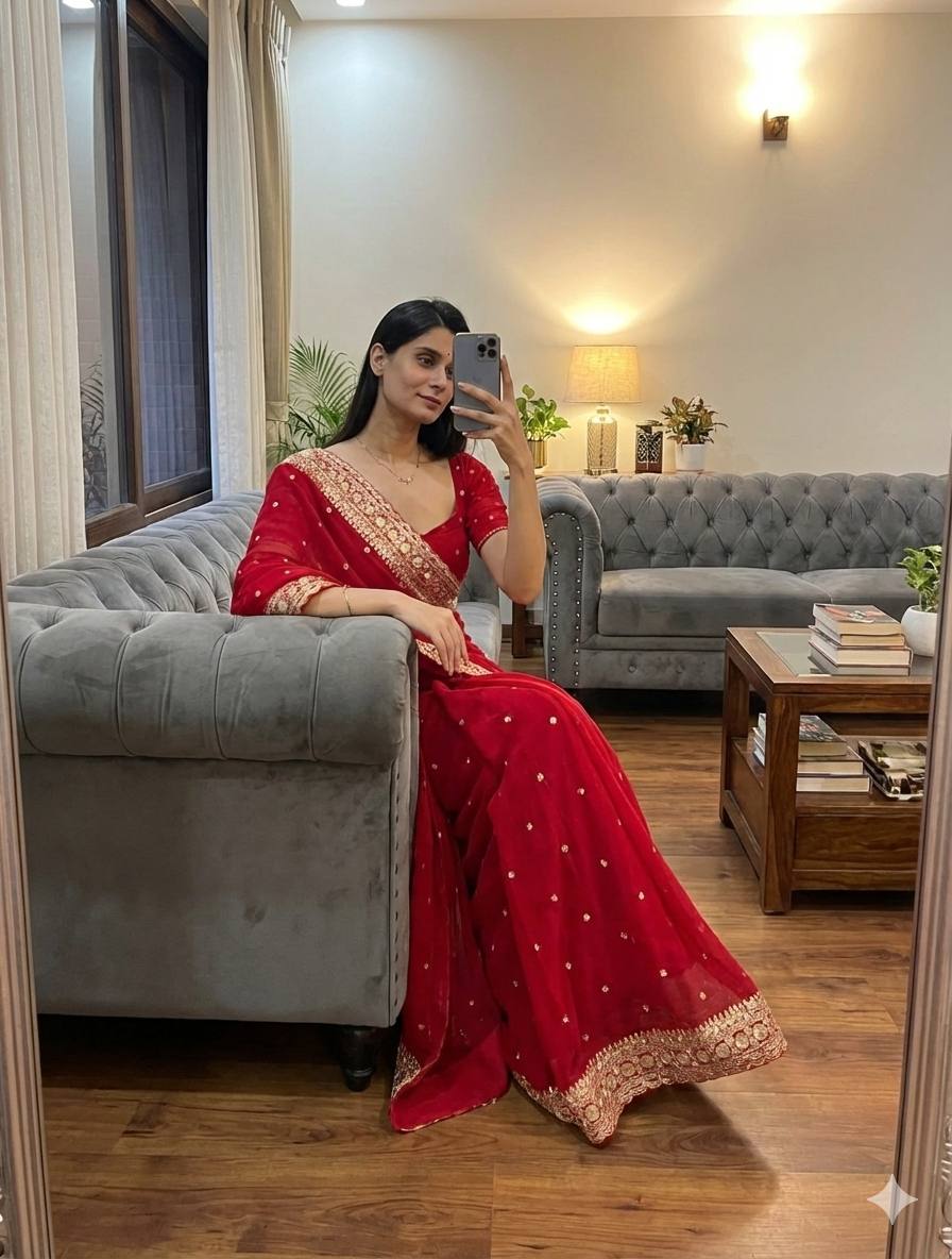 Royal Maroon Georgette Saree with Heavy Gold Sequin & Zari Embroidered Border