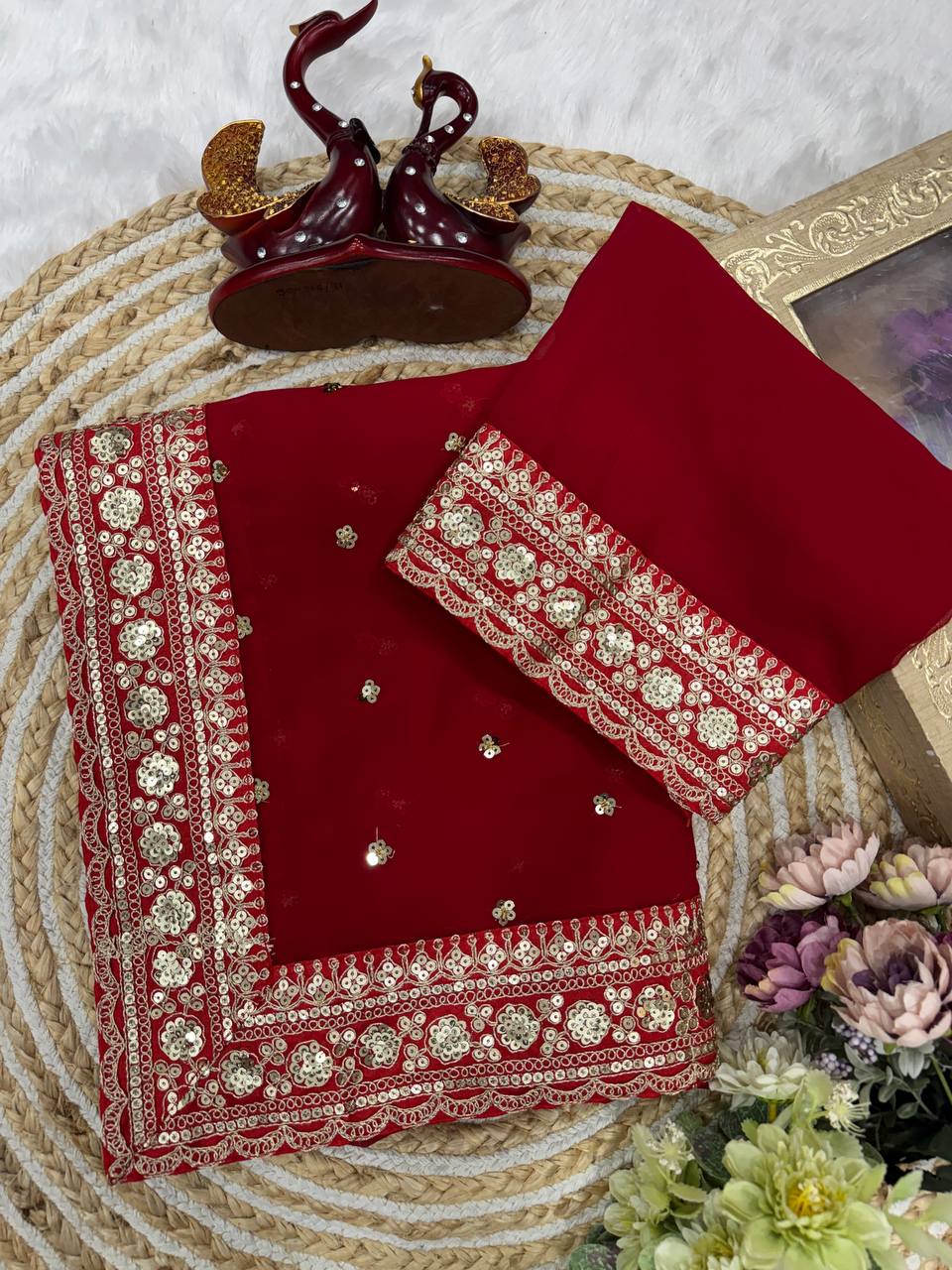 Royal Maroon Georgette Saree with Heavy Gold Sequin & Zari Embroidered Border