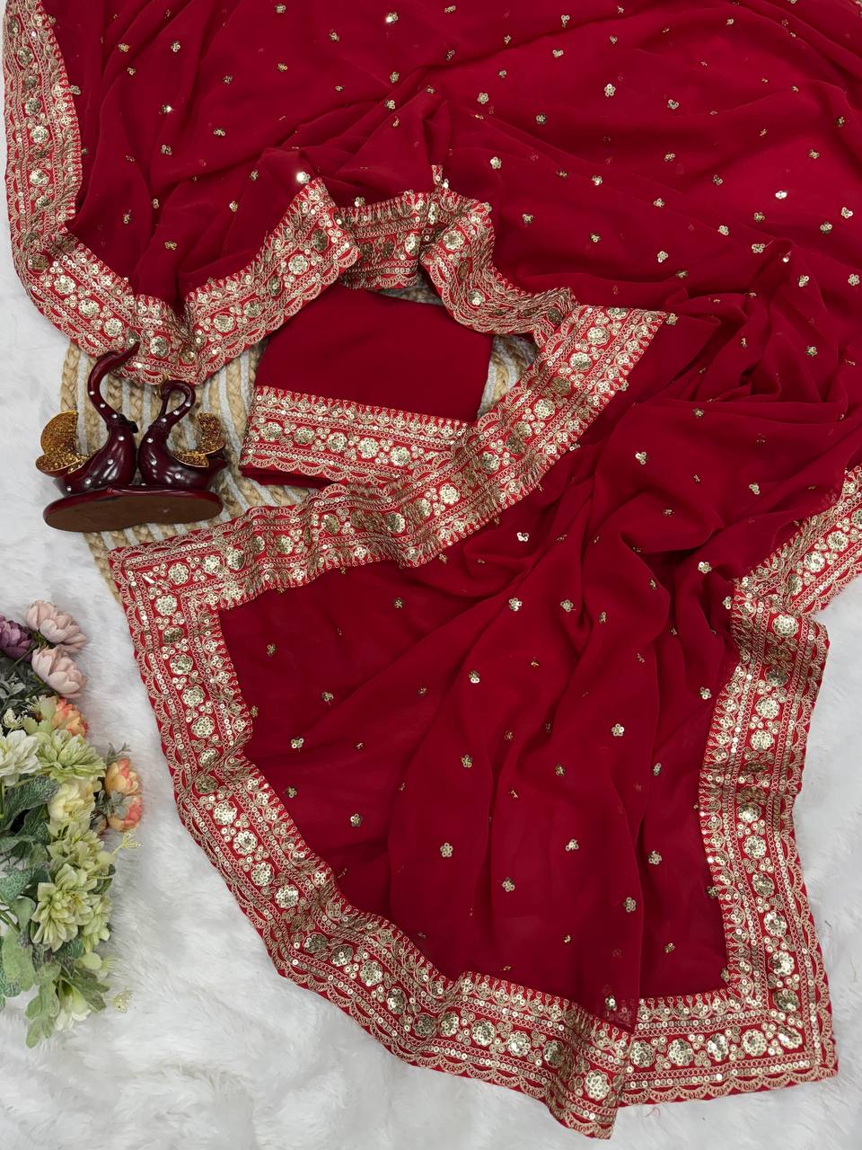 Royal Maroon Georgette Saree with Heavy Gold Sequin & Zari Embroidered Border