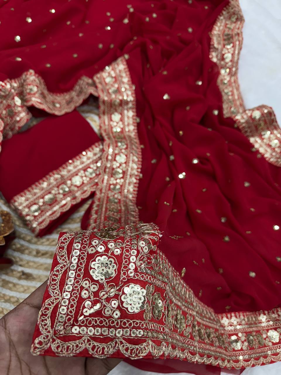 Royal Maroon Georgette Saree with Heavy Gold Sequin & Zari Embroidered Border