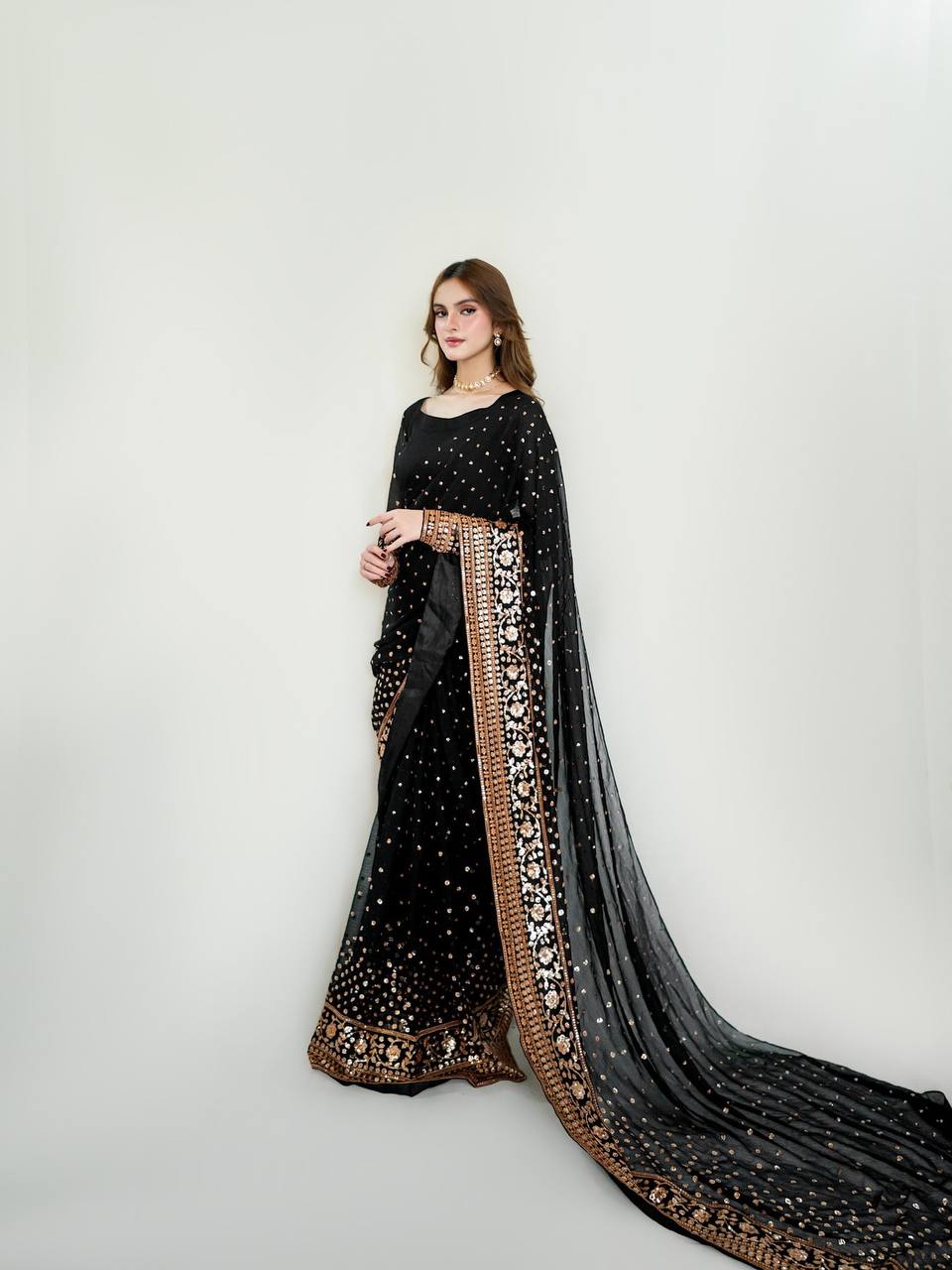Elegant Black Georgette Saree with Rose Gold Sequin & Zari Embroidered Border