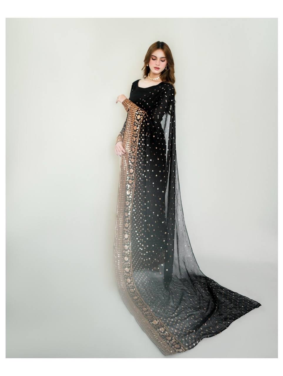 Elegant Black Georgette Saree with Rose Gold Sequin & Zari Embroidered Border