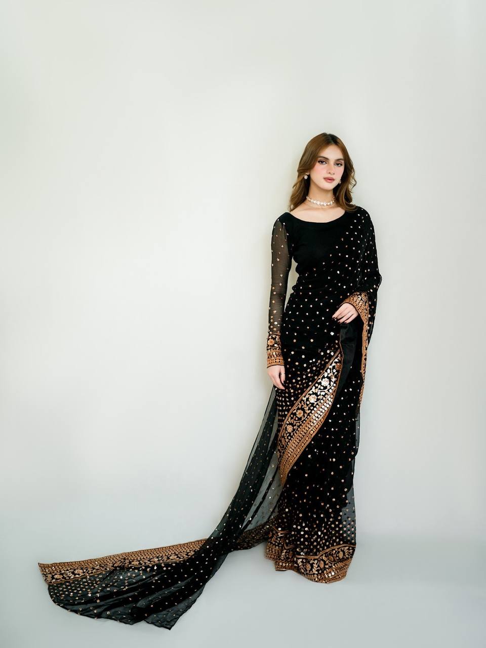 Elegant Black Georgette Saree with Rose Gold Sequin & Zari Embroidered Border