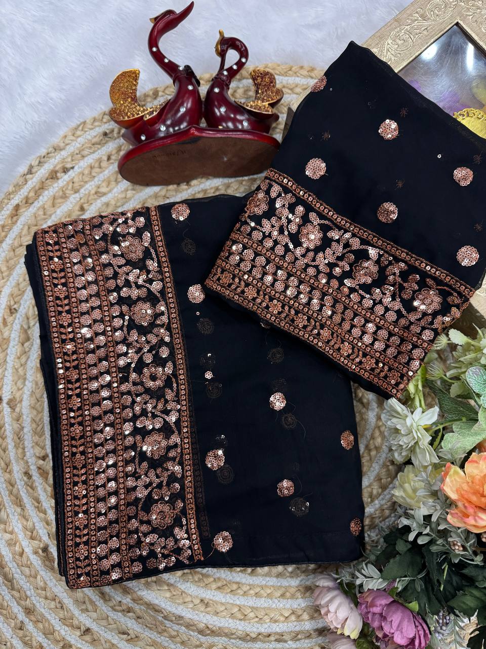 Elegant Black Georgette Saree with Rose Gold Sequin & Zari Embroidered Border