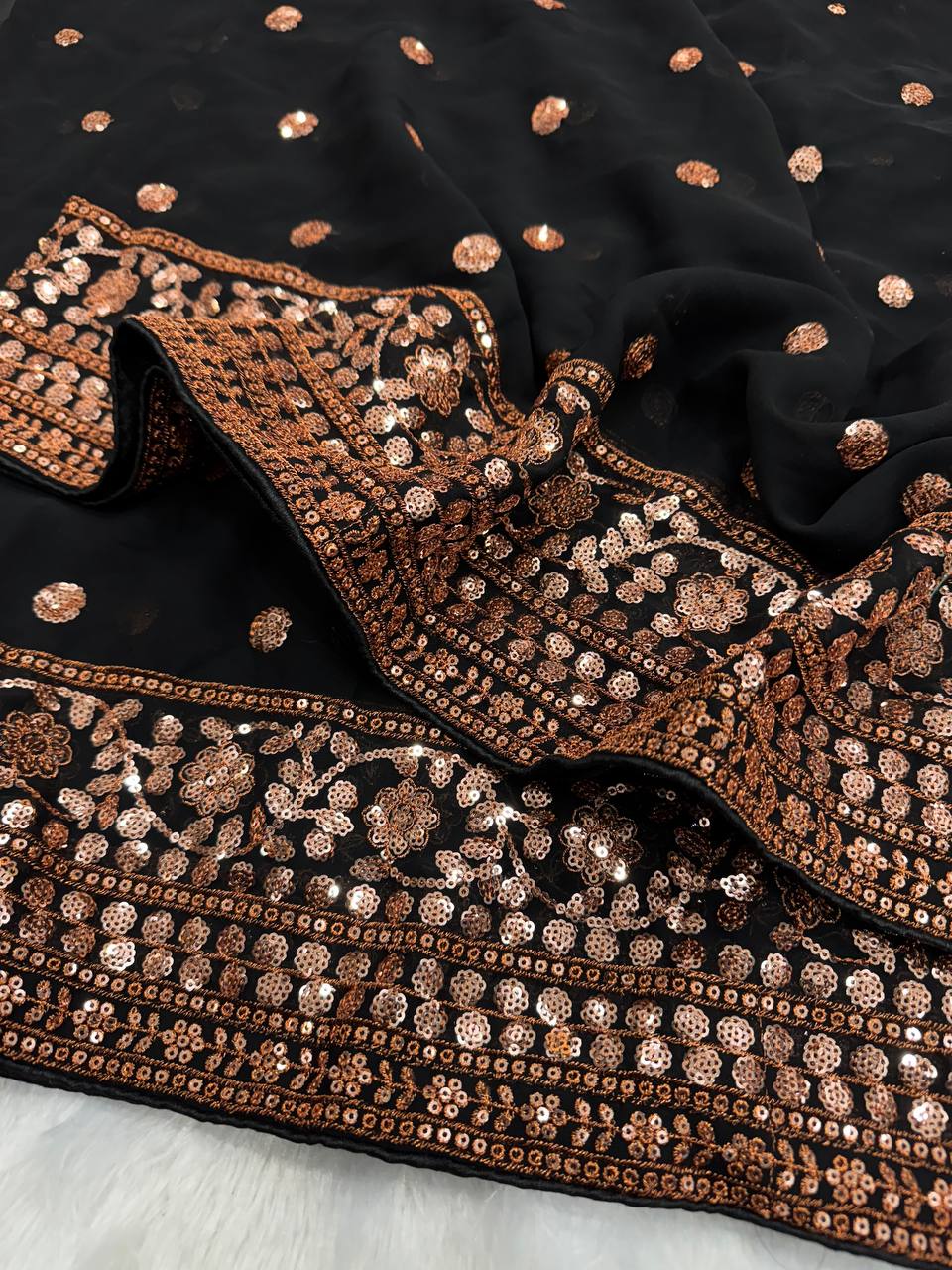 Elegant Black Georgette Saree with Rose Gold Sequin & Zari Embroidered Border