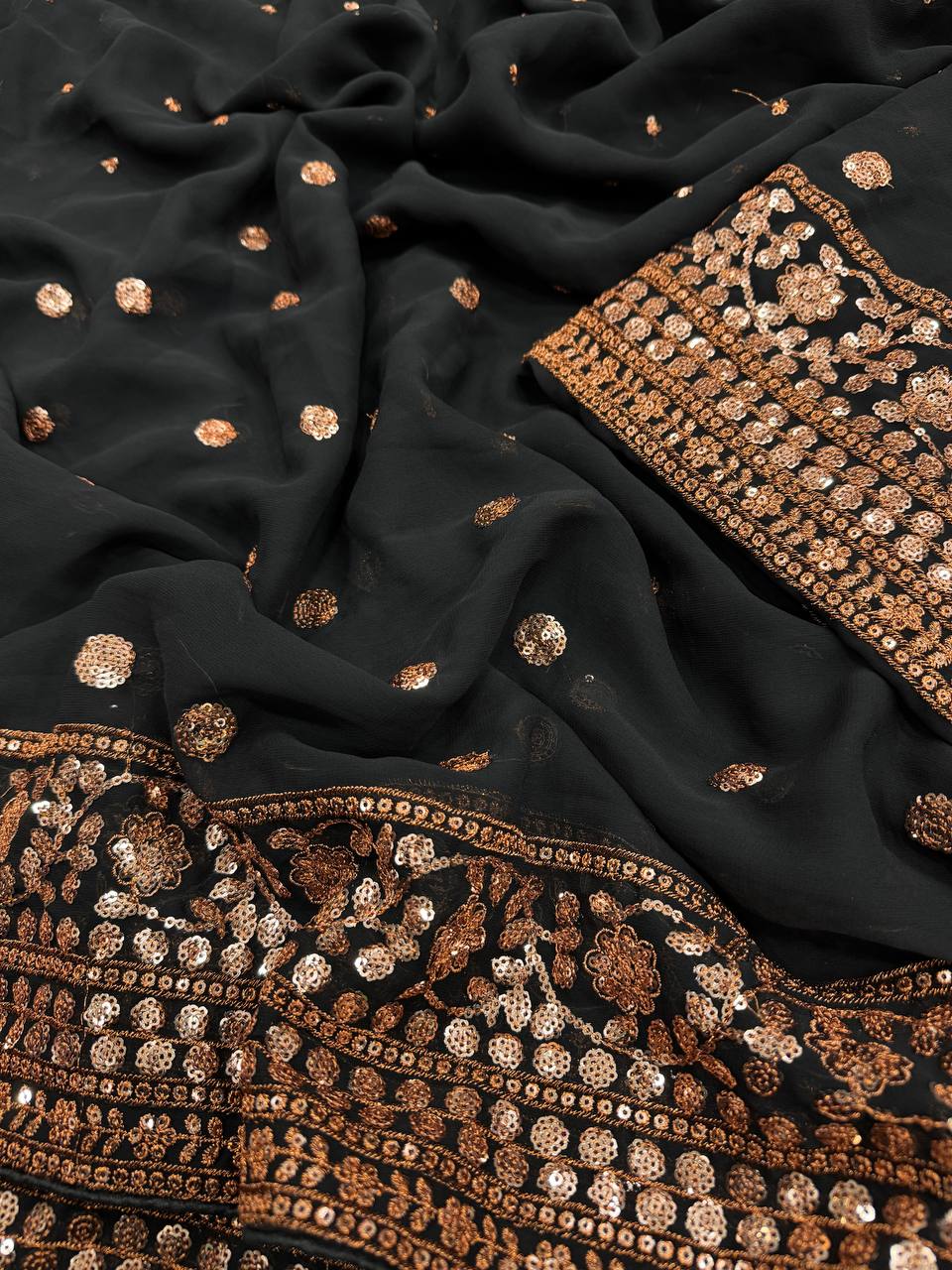 Elegant Black Georgette Saree with Rose Gold Sequin & Zari Embroidered Border