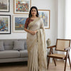 Luxury Beige Georgette Saree with Heavy Gold Zari & Sequin Embroidered Scalloped Border