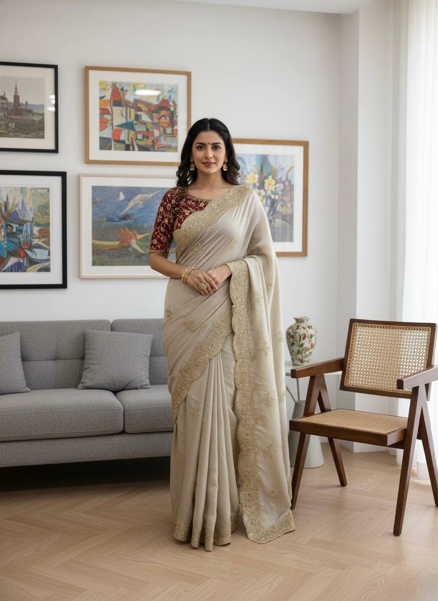 Luxury Beige Georgette Saree with Heavy Gold Zari & Sequin Embroidered Scalloped Border