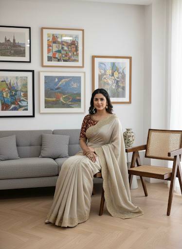 Luxury Beige Georgette Saree with Heavy Gold Zari & Sequin Embroidered Scalloped Border