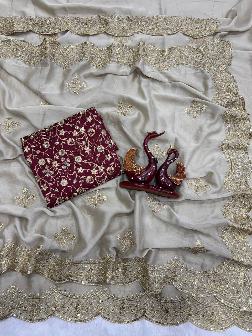 Luxury Beige Georgette Saree with Heavy Gold Zari & Sequin Embroidered Scalloped Border