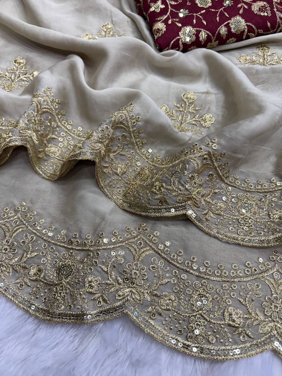 Luxury Beige Georgette Saree with Heavy Gold Zari & Sequin Embroidered Scalloped Border