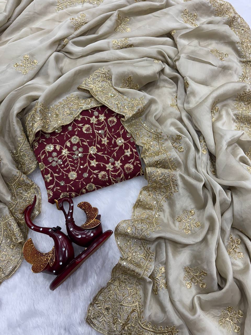 Luxury Beige Georgette Saree with Heavy Gold Zari & Sequin Embroidered Scalloped Border