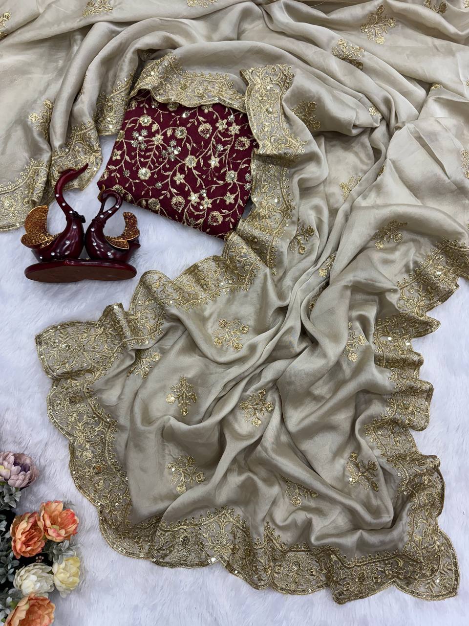 Luxury Beige Georgette Saree with Heavy Gold Zari & Sequin Embroidered Scalloped Border