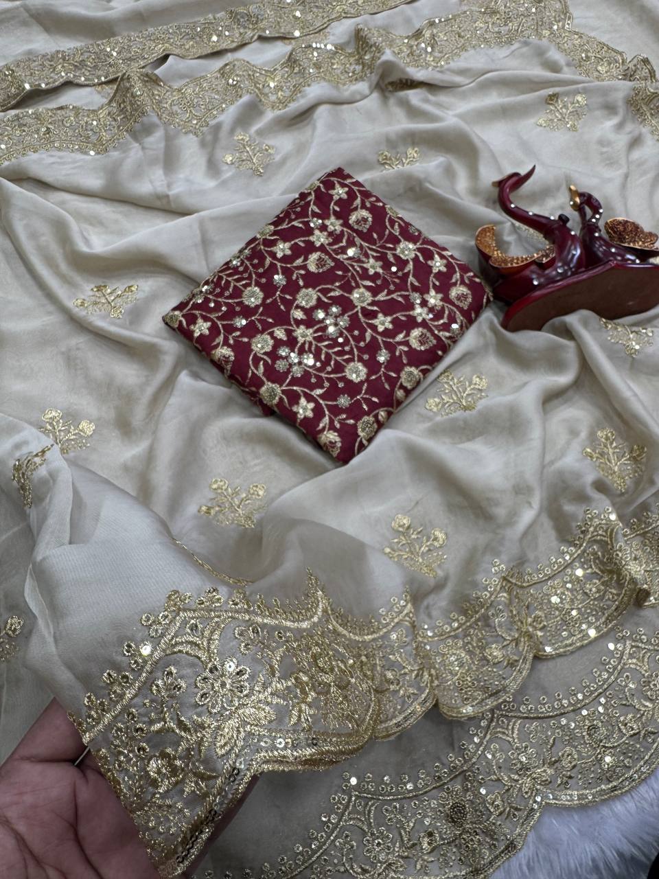 Luxury Beige Georgette Saree with Heavy Gold Zari & Sequin Embroidered Scalloped Border