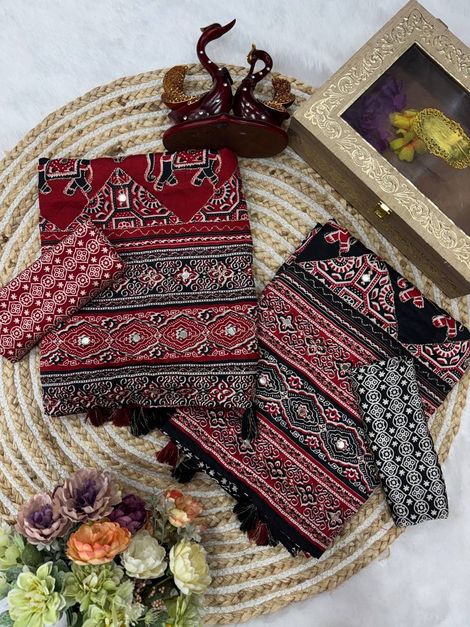 Red & Black Ajrakh Print Saree with Tassel Border and Mirror Detailing