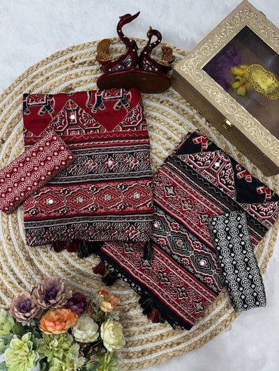 Red & Black Ajrakh Print Saree with Tassel Border and Mirror Detailing