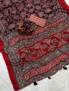 Red & Black Ajrakh Print Saree with Tassel Border and Mirror Detailing