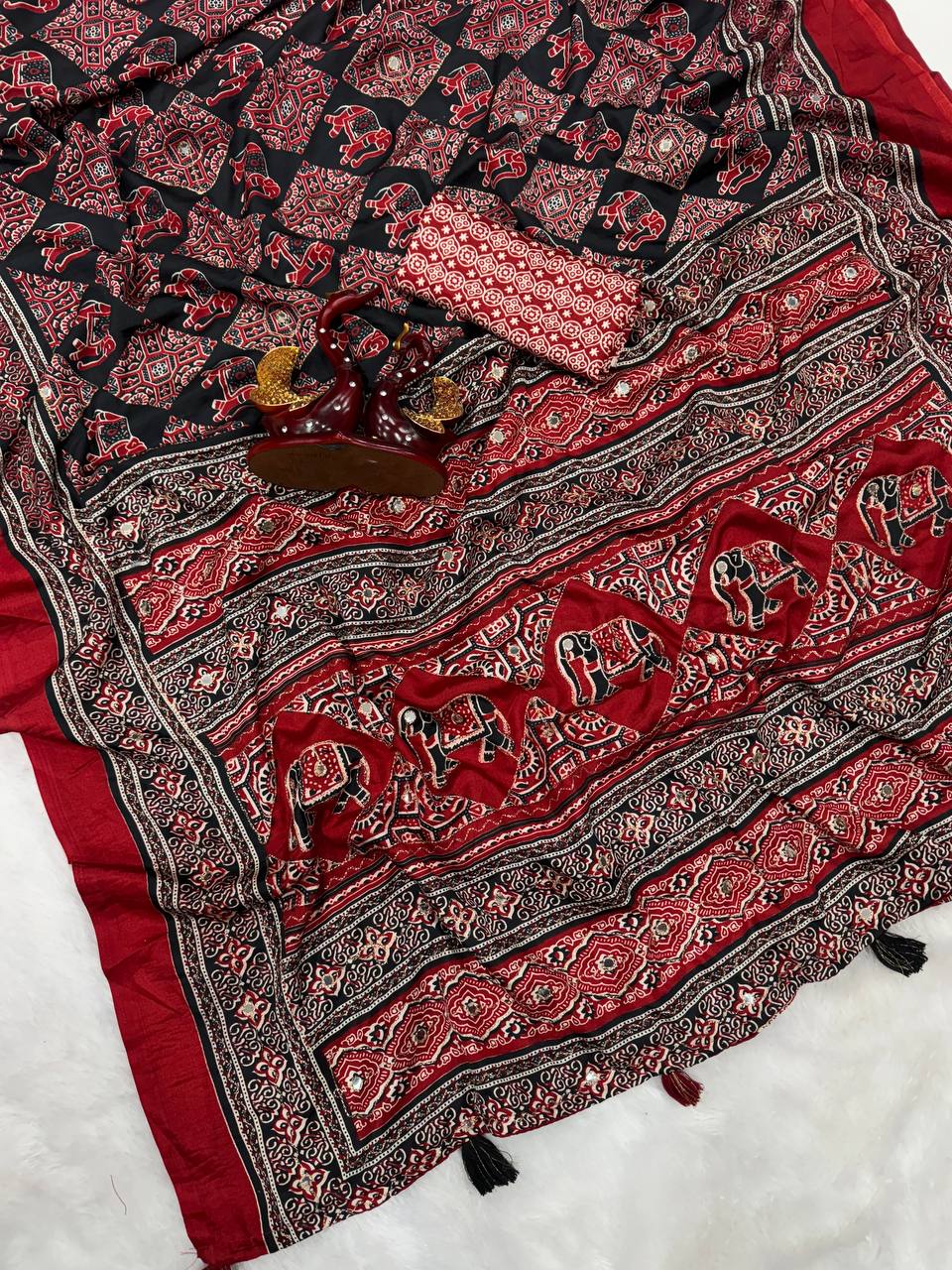 Red & Black Ajrakh Print Saree with Tassel Border and Mirror Detailing