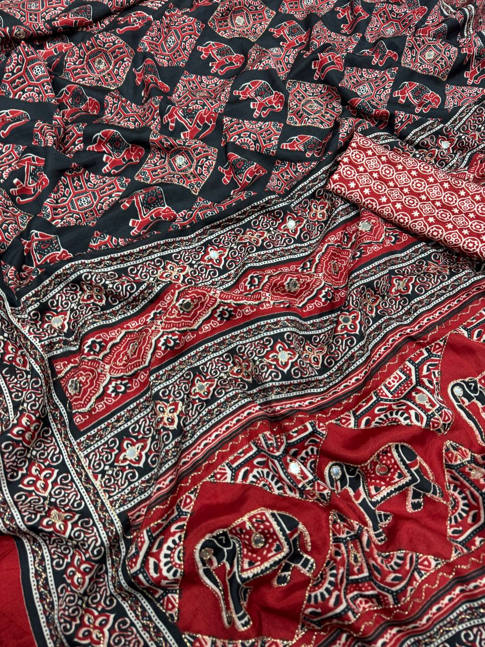 Red & Black Ajrakh Print Saree with Tassel Border and Mirror Detailing