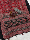 Red & Black Ajrakh Print Saree with Tassel Border and Mirror Detailing