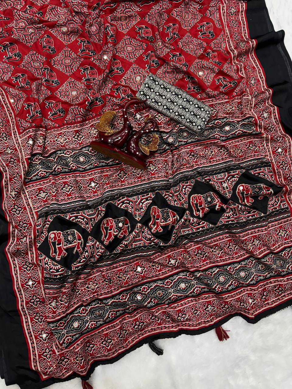 Red & Black Ajrakh Print Saree with Tassel Border and Mirror Detailing
