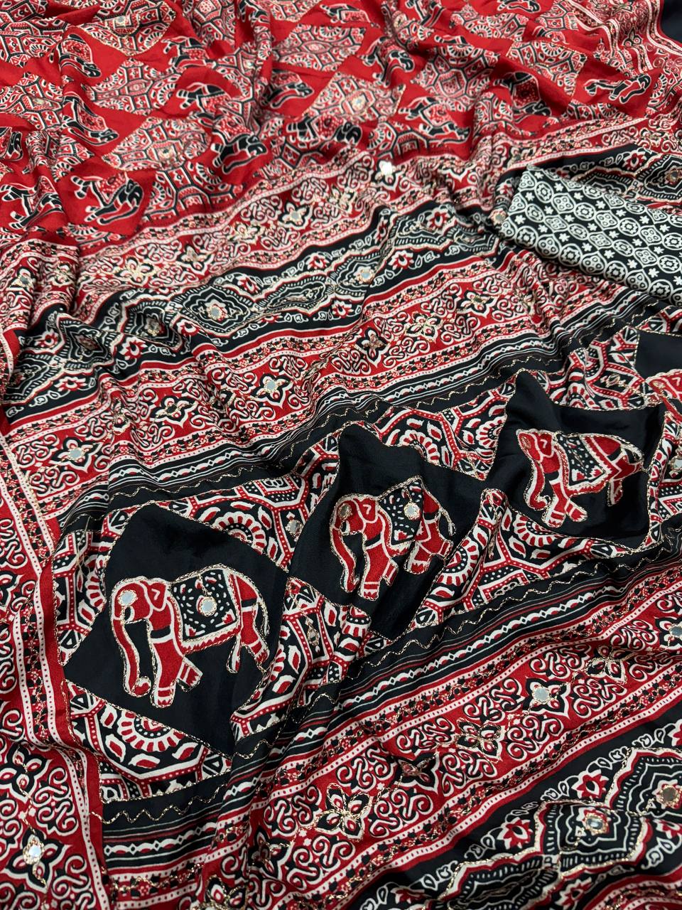 Red & Black Ajrakh Print Saree with Tassel Border and Mirror Detailing