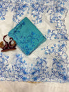 Aqua Blue Net Saree with Blue Floral Embroidery & Scalloped Border