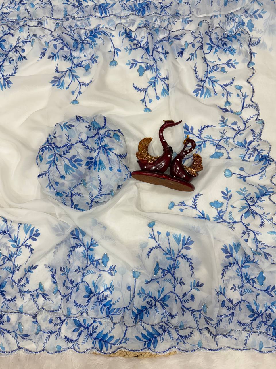 Aqua Blue Net Saree with Blue Floral Embroidery & Scalloped Border