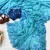 Aqua Blue Net Saree with Blue Floral Embroidery & Scalloped Border