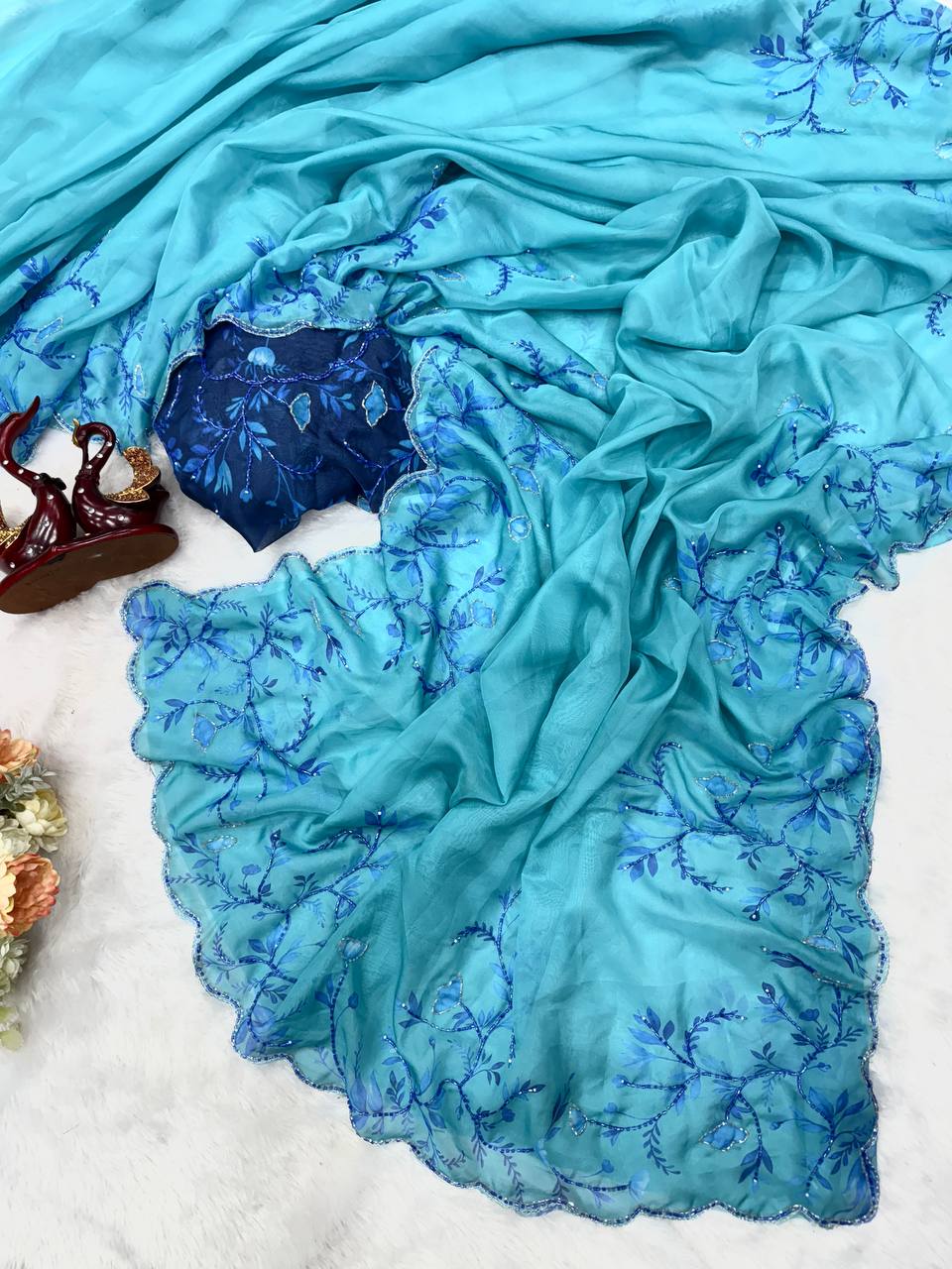 Aqua Blue Net Saree with Blue Floral Embroidery & Scalloped Border