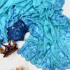 Aqua Blue Net Saree with Blue Floral Embroidery & Scalloped Border