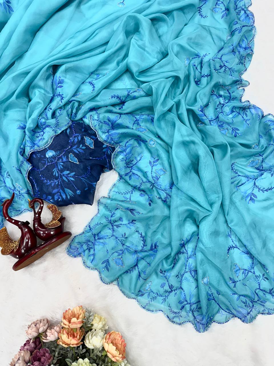 Aqua Blue Net Saree with Blue Floral Embroidery & Scalloped Border