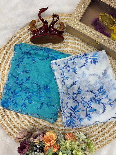 Aqua Blue Net Saree with Blue Floral Embroidery & Scalloped Border