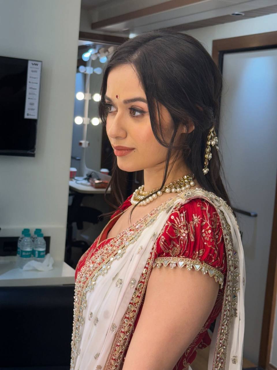 Ivory White Net Saree with Red Embroidered Blouse & Heavy Handwork Border