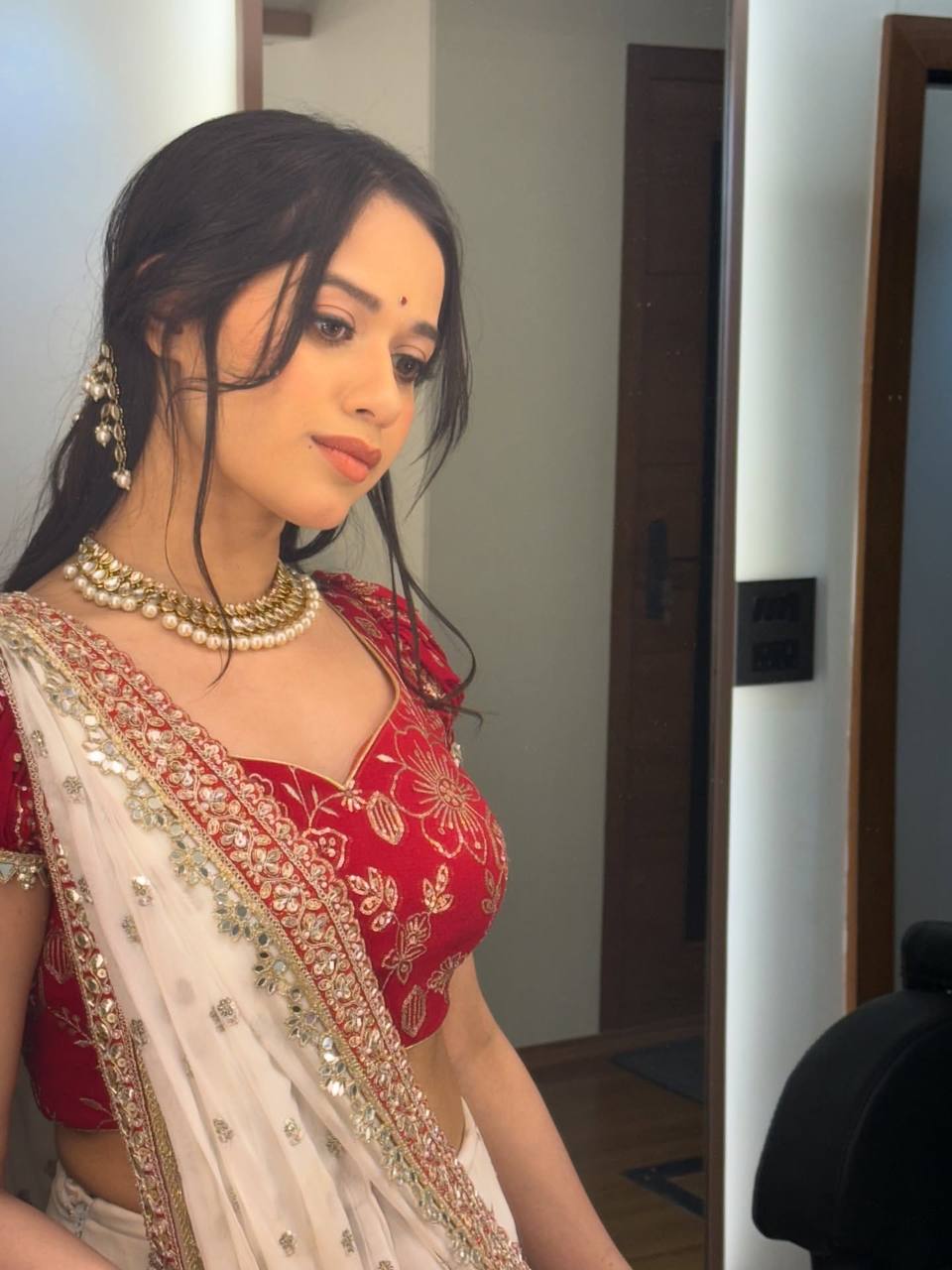 Ivory White Net Saree with Red Embroidered Blouse & Heavy Handwork Border