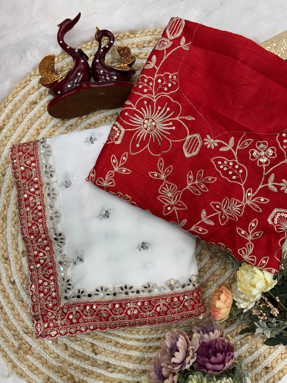 Ivory White Net Saree with Red Embroidered Blouse & Heavy Handwork Border