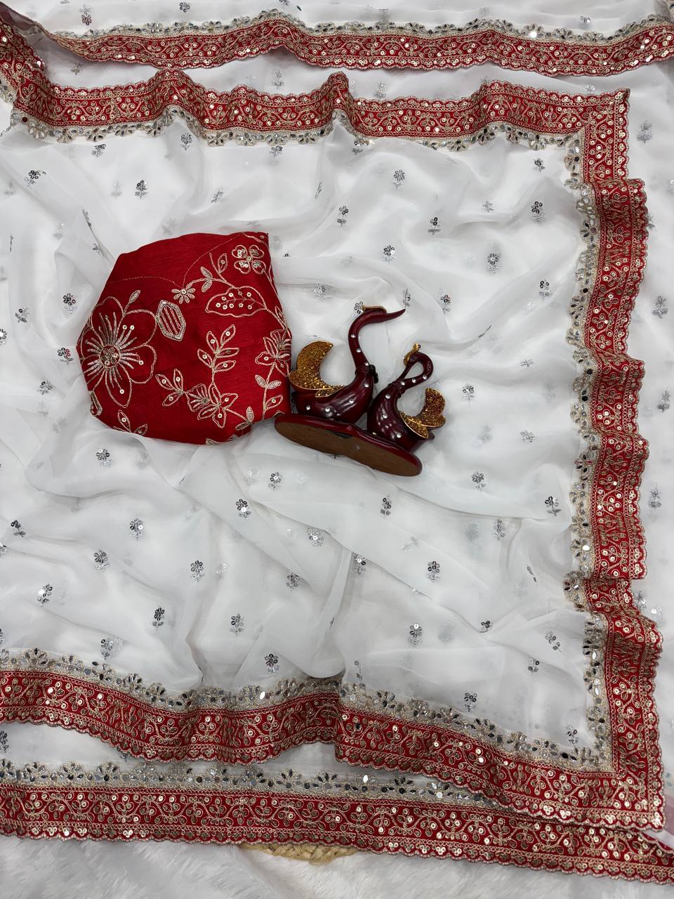 Ivory White Net Saree with Red Embroidered Blouse & Heavy Handwork Border
