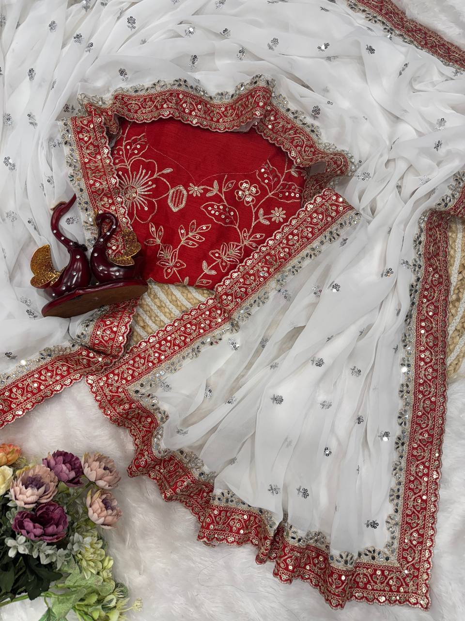 Ivory White Net Saree with Red Embroidered Blouse & Heavy Handwork Border