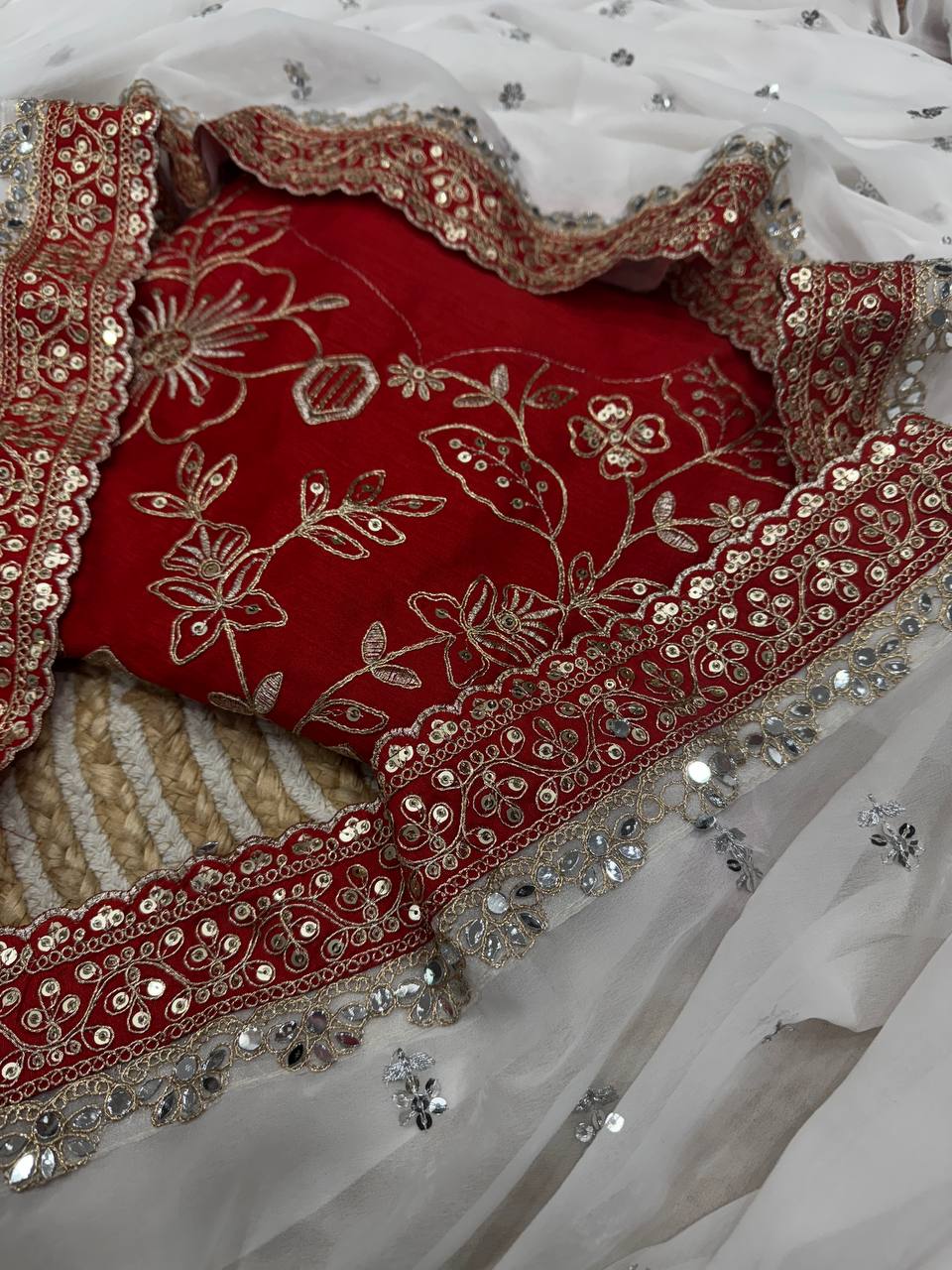 Ivory White Net Saree with Red Embroidered Blouse & Heavy Handwork Border