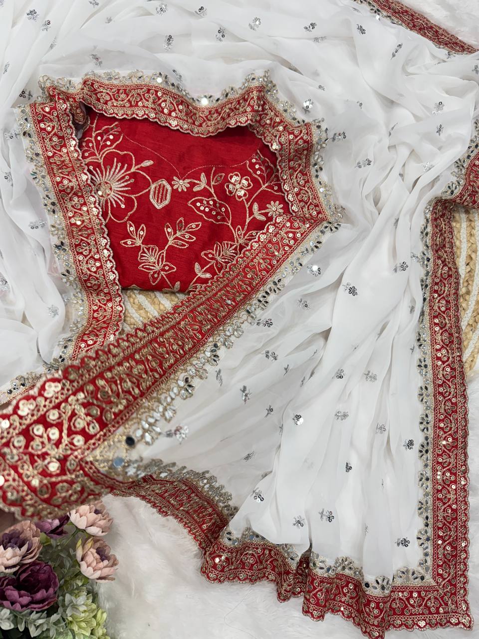 Ivory White Net Saree with Red Embroidered Blouse & Heavy Handwork Border