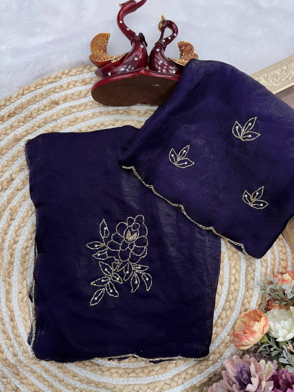 Midnight Navy Chiffon Blouse with Gold Floral Hand Embroidery & Scalloped Finish
