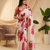 Ivory Floral Printed Chiffon Saree with Wine Red Heavy Zari Sequin Scalloped Border & Solid Blouse