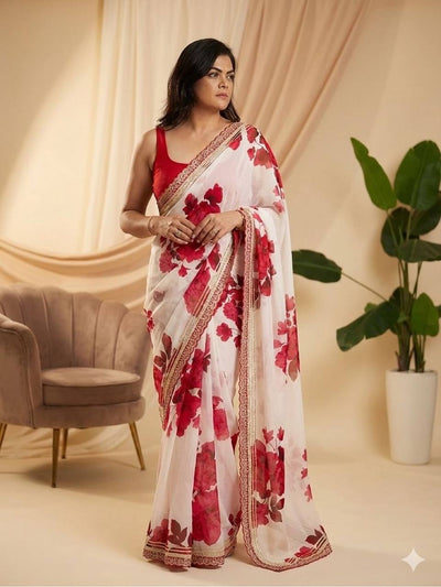 Ivory Floral Printed Chiffon Saree with Wine Red Heavy Zari Sequin Scalloped Border & Solid Blouse