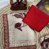 Ivory Floral Printed Chiffon Saree with Wine Red Heavy Zari Sequin Scalloped Border & Solid Blouse