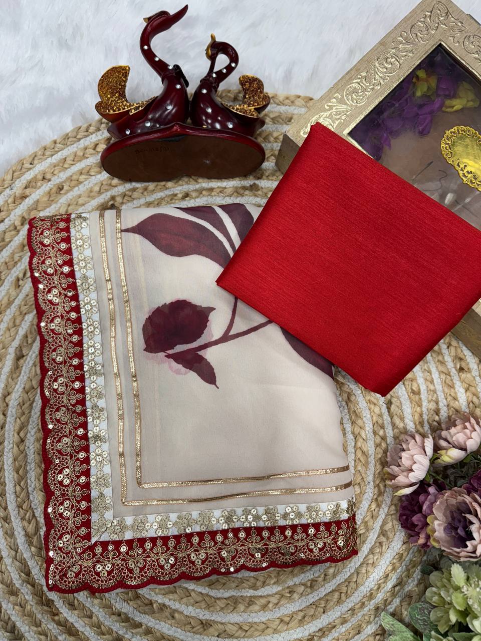 Ivory Floral Printed Chiffon Saree with Wine Red Heavy Zari Sequin Scalloped Border & Solid Blouse