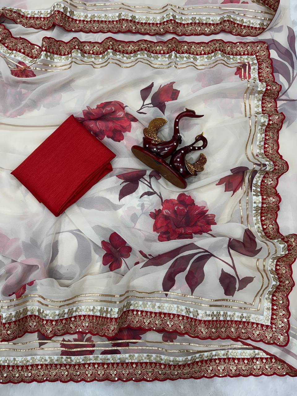 Ivory Floral Printed Chiffon Saree with Wine Red Heavy Zari Sequin Scalloped Border & Solid Blouse